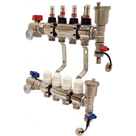 rozdzielacz podłogówki 4 sekcje zestaw Nordic Tec PL3 z zaworami i termometrami