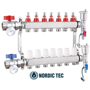 Rozdzielacz nierdzewny CO i podłogówki Nordic Tec INOX 7 obwodów