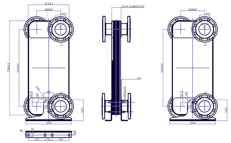 Rysunek wymiarowy wymiennika flanszowego Nordic Tec Fa-210-120 z kołnierzami DN80