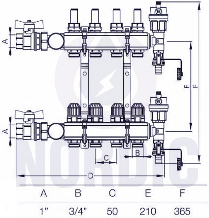 Technical drawing of Heating Distributor for 4 circuits