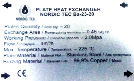 Nameplate of a plate exchanger Nordic Tec Ba-23-20